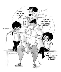 Rule 34 | 1boy, 1girl, artist name, confused, edna mode, glasses, jacket, jojo fraga, monochrome, mr. incredible, muscular, muscular male, pants, parted lips, portuguese text, short hair, sitting, standing, standing on person, sweatdrop, tape measure, the incredibles