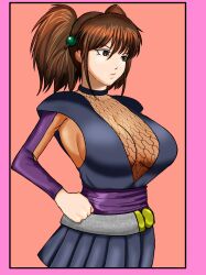 Rule 34 | 1girl, absurdres, artist request, breasts, brown hair, cleavage, dress, female focus, hands on own hips, highres, kunoichi, large breasts, long hair, looking to the side, misanagi (rurouni kenshin), ninja, no bra, rurouni kenshin, short dress, simple background, solo, twintails