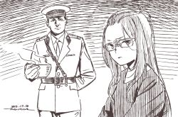 Rule 34 | 1boy, 1girl, bangs pinned back, belt, brown theme, closed mouth, dated, furrowed brow, glasses, hat, holding, horikou, jacket, kagamihara sakura, long hair, looking at viewer, manly, military, military jacket, military uniform, monochrome, parted lips, peaked cap, real life, shaded face, signature, soldier, soviet, soviet army, steam, uniform, yurucamp