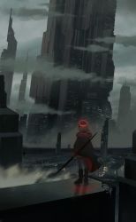 Rule 34 | 1other, absurdres, ambiguous gender, black coat, building, city, cloud, cloudy sky, coat, es-ther, from behind, glowing, halo, highres, holding, holding weapon, original, outdoors, scenery, short hair, sky, skyscraper, standing, weapon, wide shot