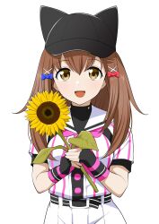 1girl :d animal_ears barkhorn0331 baseball_cap baseball_uniform belt belt_buckle black_belt black_gloves black_hat black_undershirt blue_bow bow brown_eyes brown_hair buckle cat_ears cinderella_series cowboy_shot fake_animal_ears fingerless_gloves flower gloves hachigatsu_no_cinderella_nine hair_bow hair_ornament hat highres holding holding_flower long_hair looking_at_viewer neckerchief open_mouth own_hands_together pink_neckerchief pleated_skirt red_bow sailor_collar satogahama_baseball_uniform shirt shirt_under_shirt short_sleeves simple_background skirt smile solo sportswear standing striped_belt striped_clothes striped_shirt sunflower ukita_akane vertical-striped_clothes vertical-striped_shirt white_background white_sailor_collar wristband