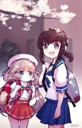Rule 34 | 2girls, akoya (anoko konoko), backpack, bag, black hair, blue sailor collar, blue skirt, bokukawauso, branch, bush, cherry blossoms, commentary request, cowboy shot, fubuki (kancolle), gloves, green eyes, grey hair, hat, hip vent, kantai collection, long hair, looking at viewer, low ponytail, low twintails, mikura (kancolle), multiple girls, panties, pleated skirt, ponytail, puffy short sleeves, puffy sleeves, randoseru, red skirt, sailor collar, sailor hat, sailor shirt, shirt, short ponytail, short sleeves, sidelocks, skirt, standing, twintails, underwear, wall-eyed, white gloves, white panties, white shirt