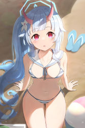 Rule 34 | 1girl, absurdres, arm support, bare shoulders, bikini, blue archive, blush, chise (blue archive), chise (swimsuit) (blue archive), commentary request, cowboy shot, flower, hair flower, hair ornament, halo, highres, horns, long hair, looking at viewer, md5 mismatch, ponytail, red eyes, resolution mismatch, sailor collar, side ponytail, sidelocks, sitting, slippers, solo, source larger, string bikini, striped bikini, striped clothes, swimsuit, thighs, three twosix, unworn slippers, white sailor collar