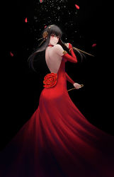 Rule 34 | 1girl, absurdres, alternate costume, back, backless dress, backless outfit, black background, black hair, breasts, bridal gauntlets, choker, closed mouth, dagger, dress, dual wielding, earrings, evening gown, falling petals, floating hair, flower, from behind, gold bracelet, gold earrings, gold hairband, hair flower, hair ornament, hairband, hand up, highres, holding, holding dagger, holding knife, holding weapon, jewelry, knife, kounohikari0104, light particles, long dress, long hair, looking to the side, medium breasts, petals, red choker, red dress, red eyes, red flower, red rose, reverse grip, rose, rose petals, short hair with long locks, sidelocks, solo, spikes, spy x family, weapon, yor briar
