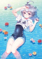Rule 34 | 1girl, ahoge, expressionless, flower, grey hair, highres, lying, on back, one-piece swimsuit, original, partially submerged, purple eyes, sailor collar, school swimsuit, shirt, short hair, shouni (sato3), solo, swimsuit, swimsuit under clothes, water, wet, white sailor collar, white shirt