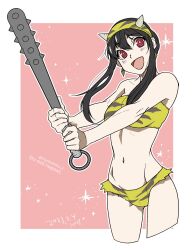 Rule 34 | 1girl, animal print, bare arms, bare shoulders, bikini, black hair, blush, border, breasts, club, club (weapon), cosplay, cowboy shot, cropped legs, dated, earrings, fake horns, gold earrings, hair between eyes, hairband, highres, holding club, holding weapon, horned headwear, horns, jewelry, long hair, looking at viewer, lum, lum (cosplay), medium breasts, midriff, navel, open mouth, pink background, print bikini, print hairband, red eyes, sidelocks, smile, solo, sparkle, spiked club, spy x family, strapless, strapless bikini, swimsuit, takehide, tiger print, twitter username, weapon, white border, yellow bikini, yor briar
