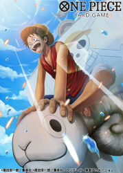 Rule 34 | 1boy, black eyes, black hair, blue sky, cloud, cloudy sky, copyright name, english text, going merry, hat, holding, jolly roger, male focus, monkey d. luffy, official art, one piece, scar, short hair, shorts, sitting, sky, sleeveless, slippers, smile, solo, straw hat, straw hat pirates, straw hats jolly roger, studio viga, sunlight, water drop