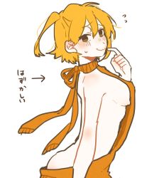 Rule 34 | 1girl, arrow (symbol), artist request, ass, blonde hair, blush, breasts, brown eyes, female focus, finger to mouth, flying sweatdrops, kagerou project, kisaragi momo, looking at viewer, looking to the side, medium breasts, meme attire, no bra, no panties, orange hair, revealing clothes, short hair, sideboob, simple background, solo, sweat, translated, virgin killer sweater, wavy mouth, white background
