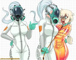 Rule 34 | 2girls, ahoge, barcode, blonde hair, blue eyes, blush, bodysuit, bound, braid, checkered background, collar, commander rab(layer industries), covered face, covered navel, dark skin, gas mask, glasses, gloves, green gloves, grid background, high ponytail, highres, latex, latex gloves, looking at viewer, mask, medium hair, multiple girls, multiple views, open mouth, orange bodysuit, original, patreon username, pointing, pointing to the side, ponytail, restrained, round eyewear, rubber gloves, single braid, skin tight, strap, surprised, teeth, two-tone bodysuit, white bodysuit, white hair, zipper, zipper pull tab