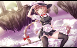 Rule 34 | 1girl, above clouds, adapted costume, alternate hairstyle, apron, black dress, black panties, black thighhighs, blonde hair, bow, braid, broom, broom riding, cameltoe, cleft of venus, cloud, dress, floating island, hat, hat bow, highres, hk (hk), jacket, kirisame marisa, letterboxed, long hair, long legs, open clothes, open jacket, open mouth, panties, pantyshot, puffy short sleeves, puffy sleeves, shirt, short sleeves, sidesaddle, sitting, solo, thighhighs, touhou, twin braids, underwear, upskirt, very long hair, waist apron, witch hat, yellow eyes