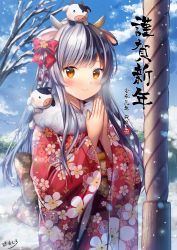 Rule 34 | 1girl, absurdres, animal, animal ears, animal on head, animal on shoulder, bare tree, black hair, blue sky, blush, breath, chinese zodiac, closed mouth, cloud, commentary request, cow ears, cow girl, cow horns, day, floral print, fur collar, hands up, highres, horns, huge filesize, japanese clothes, kimono, kohaku muro, long hair, long sleeves, looking at viewer, multicolored hair, new year, obi, on head, orange eyes, original, outdoors, own hands together, palms together, praying, print kimono, red kimono, sash, signature, silver hair, sky, smile, snow, snowing, solo, split-color hair, streaked hair, translation request, tree, two-tone hair, very long hair, wide sleeves, winter, year of the ox