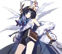 Rule 34 | 1girl, alchemy stars, armpit peek, ascot, bare shoulders, bird wings, black hair, blue eyes, book, closed mouth, coat, fingerless gloves, gloves, hat, highres, huan shi tian tong, short hair, shorts, solo, staff, thighs, wings, zoya (alchemy stars)