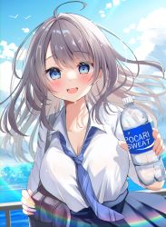 Rule 34 | 1girl, :d, ahoge, bag, black skirt, blue eyes, blue sky, blush, bottle, breasts, cleavage, cloud, collared shirt, commentary request, day, grey hair, hair between eyes, hamico, highres, holding, holding bottle, hot, large breasts, lens flare, looking at viewer, mountainous horizon, open mouth, original, outdoors, pocari sweat, railing, school bag, school uniform, shirt, skirt, sky, smile, sweat, teeth, uniform, upper teeth only, white shirt