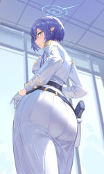 Rule 34 | 1girl, absurdres, aoi (blue archive), ass, ass focus, blue archive, blue hair, blue halo, blurry, blurry background, closed mouth, epaulettes, from below, gloves, grey eyes, halo, highres, holster, jacket, long skirt, long sleeves, looking at viewer, meinoss, mole, mole under eye, pointy ears, short hair, sideways glance, skirt, solo, white gloves, white jacket, white skirt