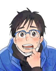 Rule 34 | 10s, 1boy, black hair, blush, brown eyes, close-up, glasses, highres, katsuki yuuri, male focus, mask, mouth mask, open mouth, pulling own clothes, shirikawa, simple background, solo, surgical mask, sweatdrop, upper body, white background, yuri!!! on ice