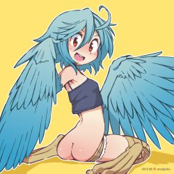 Rule 34 | 1girl, 2019, armpits, artist name, ass, bare shoulders, blue hair, blush, butt crack, claws, crop top, dated, denim, denim shorts, hair between eyes, harpy, highres, looking at viewer, looking back, monster girl, monster musume no iru nichijou, no panties, open mouth, orenji (wholesomeorenji), outline, papi (monster musume), petite, shiny skin, short shorts, shorts, simple background, sitting, solo, teeth, upper teeth only, wariza, white outline, winged arms, wings