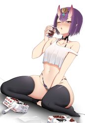 Rule 34 | 1girl, absurdres, alcohol carton, arm between legs, bare shoulders, between legs, blush, bob cut, breasts, carton, commentary, crop top, drunk, eyeliner, fate/grand order, fate (series), headpiece, highres, holding carton, horns, looking at viewer, makeup, nail polish, navel, one eye closed, oni, open mouth, pointy ears, purple eyes, purple hair, purple nails, sally (luna-arts), short eyebrows, short hair, shuten douji (fate), sitting, skin-covered horns, small breasts, solo, stomach, strap slip, tank top, thighhighs, white tank top