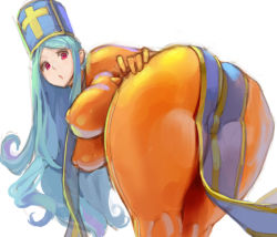 Rule 34 | 1girl, :o, ass, bent over, blue hair, bodysuit, breasts, commentary request, covered erect nipples, dragon quest, dragon quest iii, hat, huge ass, kazo (kazozakazo), large breasts, long hair, looking at viewer, mitre, open mouth, orange bodysuit, priest (dq3), red eyes, simple background, solo, thick thighs, thighs, white background