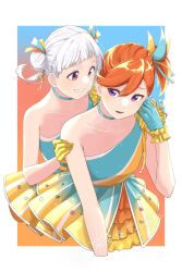 Rule 34 | 2girls, aqua choker, aqua dress, aqua gloves, arashi chisato, collarbone, commentary request, cropped torso, double bun, dress, frilled dress, frills, gloves, hair bun, highres, holding another&#039;s arm, looking at another, love live!, love live! superstar!!, multicolored clothes, multicolored dress, multiple girls, orange hair, parted lips, ponytail, purple eyes, red eyes, s sho mkrn, shibuya kanon, single bare shoulder, smile, tokonatsu sunshine, upper body, white hair, yellow gloves
