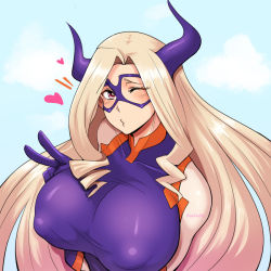 Rule 34 | 1girl, artist name, blonde hair, blush, bodysuit, boku no hero academia, breasts, domino mask, fake horns, heart, huge breasts, long hair, looking at viewer, mask, mount lady, pink eyes, pinkkoffin, solo, mount lady, upper body, v, wink