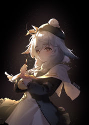 Rule 34 | 1girl, absurdres, azur lane, backlighting, beret, black background, braid, capelet, chinese commentary, closed mouth, commentary request, dodo1996, grey hair, hat, highres, kazagumo (azur lane), looking at viewer, manjuu (azur lane), medium hair, neckerchief, orange eyes, own hands together, revision, sailor collar, single braid, upper body, yellow neckerchief
