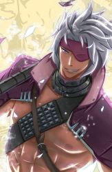 Rule 34 | &gt;:d, 1boy, :d, akiyasu, buckle, chosokabe motochika, chousokabe motochika (sengoku basara), collar, eyepatch, furrowed brow, glowing, jacket, looking at viewer, male focus, muscular, nipples, one eye covered, open clothes, open jacket, open mouth, parted lips, purple eyes, purple jacket, sengoku basara, short hair, silver hair, smile, solo, upper body, v-shaped eyebrows, yellow background