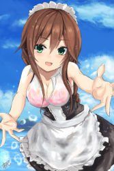 Rule 34 | 10s, 1girl, alternate costume, apron, bare shoulders, bra, breasts, brown hair, cleavage, commentary request, dress, enmaided, eyebrows, gloves, green eyes, hair between eyes, hand on own hip, kantai collection, long hair, looking at viewer, maid, maid apron, maid headdress, noshiro (kancolle), open mouth, pink bra, see-through, see-through silhouette, solo, underwear, wet, wet clothes, wet dress, wet hair, white gloves, yanagi wakana