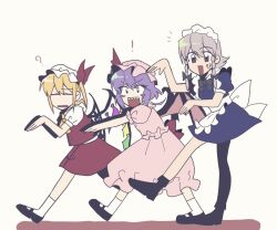 Rule 34 | !, 3girls, :d, ?, apron, ascot, black bow, black footwear, blonde hair, blue dress, blush stickers, bow, braid, closed eyes, collared shirt, commentary request, crystal, dress, flandre scarlet, frilled sleeves, frills, full body, grey hair, hair between eyes, hair bow, hat, hat ribbon, izayoi sakuya, looking at viewer, maid, maid headdress, mary janes, medium bangs, medium hair, mob cap, multiple girls, notice lines, open mouth, pink shirt, pink skirt, puffy short sleeves, puffy sleeves, purple hair, red bow, red eyes, red ribbon, red skirt, red vest, remilia scarlet, ribbon, sharp teeth, shirt, shoes, short hair, short sleeves, simple background, skirt, skirt set, smile, socks, takayo (user yeah3737), teeth, touhou, twin braids, upper teeth only, vest, waist apron, waist bow, walking, white apron, white background, white shirt, white socks, yellow ascot