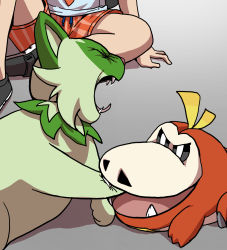 Rule 34 | 1other, animal, biting, cat, creatures (company), crocodile dentist, fangs, fuecoco, game freak, gggoturi, gradient background, grey background, grey shirt, highres, knee up, meme, nintendo, open mouth, parody, photo-referenced, pokemon, pokemon (creature), pokemon sv, red shorts, shirt, shoes, shorts, sitting, sprigatito, striped clothes, striped shorts, teeth, vertical-striped clothes, vertical-striped shorts