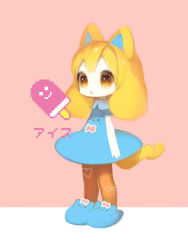 Rule 34 | 1girl, animal ears, blonde hair, blue dress, cat ears, cat tail, dress, food, ice cream, long hair, mitsugo (road after rain), original, pantyhose, pixelated, simple background, slippers, solo, tail, yellow eyes
