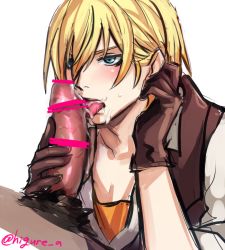 Rule 34 | 2boys, blonde hair, blue eyes, censored, cum, dash10, eizen (tales), fellatio, gloves, large penis, licking, male focus, multiple boys, open mouth, oral, penis, penis grab, tales of (series), tales of berseria, tongue, yaoi