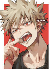 Rule 34 | 1boy, artist name, bakugou katsuki, black shirt, blonde hair, boku no hero academia, collarbone, fangs, finger in own mouth, kadeart, looking at viewer, male focus, open mouth, outside border, red background, red eyes, shirt, short hair, solo, spiked hair, tank top, teeth