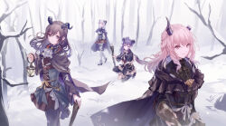 1other 25-ji_nightcord_de._(project_sekai) 3girls akiyama_mizuki androgynous asahina_mafuyu ascot bare_tree black_cape black_dress bow braid broken_horn brown_eyes brown_hair cane cape capelet closed_mouth corset cross-laced_clothes demon_horns dress hair_bun haku_wi highres holding holding_lantern horns lantern long_hair long_sleeves looking_at_viewer lower_(vocaloid) multiple_girls official_alternate_costume official_alternate_hair_length official_alternate_hairstyle outdoors pink_eyes pink_hair project_sekai purple_eyes purple_hair shinonome_ena sidelocks skirt smile snow snowing standing tree white_ascot winter yoisaki_kanade