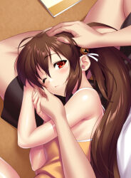 Rule 34 | 1boy, 1girl, armpits, bare shoulders, bell, brown hair, hair ornament, little busters!, long hair, natsume rin, ponytail, red eyes, zen (kamuro)