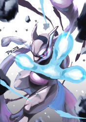 Rule 34 | 1boy, colored sclera, colored skin, creatures (company), dated, flying, game freak, gen 1 pokemon, glowing, glowing eyes, grey skin, highres, legendary pokemon, looking at viewer, mewtwo, nintendo, no humans, penta oekaki, pokemon, pokemon (creature), purple eyes, serious, simple background, solo, tail, white skin