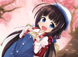 Rule 34 | 10s, 1girl, :d, ahoge, backpack, bag, beret, blue dress, blue eyes, blurry, blurry background, blush, brown hair, cherry blossoms, chuuten (clam chowder), commentary request, depth of field, dress, dutch angle, hat, hinatsuru ai, holding, layered sleeves, long hair, long sleeves, looking at viewer, low twintails, open mouth, outdoors, petals, puffy short sleeves, puffy sleeves, randoseru, ryuuou no oshigoto!, school uniform, short over long sleeves, short sleeves, smile, solo, tree, twintails, very long hair, white hat