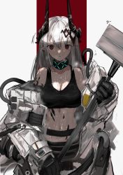 Rule 34 | 1girl, arknights, bad id, bad pixiv id, breasts, cleavage, closed mouth, coat, cowboy shot, earrings, hammer, highres, holding, holding hammer, horns, jewelry, long hair, looking at viewer, midriff, mudrock (arknights), narue, navel, off shoulder, open clothes, open coat, pointy ears, red eyes, solo, standing, tank top, white coat, white hair