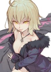 Rule 34 | 1girl, ahoge, blonde hair, breasts, cleavage, coat, commentary, fate/grand order, fate (series), fingernails, fur collar, hair between eyes, jeanne d&#039;arc (fate), jeanne d&#039;arc alter (fate), jeanne d&#039;arc alter (ver. shinjuku 1999) (fate), jewelry, necklace, official alternate costume, purple coat, short hair, solo, timbougami, tongue, white background, yellow eyes
