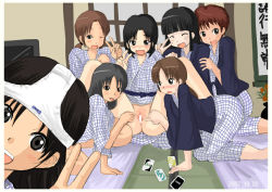Rule 34 | 6+girls, :p, bad id, bad pixiv id, black eyes, black hair, blush, bottomless, brown hair, card, censored, closed eyes, artistic error, female focus, japanese clothes, multiple girls, no panties, nullhachi, object on head, panties, panties on head, photo (object), pussy, red hair, smile, spread legs, spread pussy, tears, tongue, tongue out, underwear, v, yuri