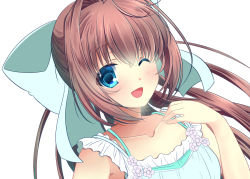 Rule 34 | 1girl, asakura otome, bare arms, blue eyes, blush, bow, brown hair, camisole, collarbone, commentary request, da capo, da capo ii, dress, green bow, hair between eyes, hair bow, hair intakes, kayura yuka, long hair, looking at viewer, one eye closed, open mouth, sidelocks, simple background, smile, solo, spaghetti strap, sundress, white background