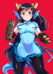 Rule 34 | &gt;:o, 1girl, :o, black gloves, black hair, black pantyhose, blue dress, blue eyes, brass knuckles, breasts, china dress, chinese clothes, clenched hands, dragon girl, dragon horns, dragon tail, dress, elbow gloves, fins, gauntlets, gloves, head fins, horns, karin (p&amp;d), large breasts, long hair, low-tied long hair, onaramaru, pantyhose, puzzle &amp; dragons, scales, short sleeves, solo, spikes, tail, v-shaped eyebrows, weapon