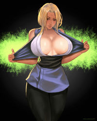 Rule 34 | 1girl, bare shoulders, blonde hair, blush, breasts, brown eyes, cleavage, closed mouth, collarbone, covered erect nipples, exhibitionism, facial mark, forehead mark, huge breasts, looking at viewer, mature female, nail polish, naruto, naruto (series), no bra, public indecency, rejean dubois, shiny skin, sidelocks, standing, tsunade (naruto)