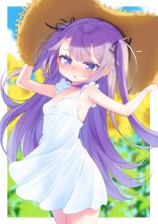 Rule 34 | 1girl, arms up, bare arms, bare shoulders, black ribbon, blurry, blurry background, blush, breasts, brown hat, commentary request, day, depth of field, dress, flower, hair ribbon, hands on headwear, hat, highres, kokone (coconeeeco), long hair, nose blush, original, parted lips, purple eyes, purple hair, ribbon, sleeveless, sleeveless dress, small breasts, solo, straw hat, sunflower, sweat, two side up, very long hair, white dress, yellow flower