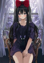Rule 34 | 1girl, aged up, animal, animal on lap, black dress, blue eyes, blush, bow, candlestand, cat, chair, collarbone, commentary, curtains, dress, hair between eyes, hair bow, hairband, hand on own thigh, highres, indoors, jiji (majo no takkyuubin), kiki (majo no takkyuubin), lace curtains, looking away, looking down, majo no takkyuubin, on lap, red bow, red hairband, saya (mychristian2), sitting, symbol-only commentary, tree, window