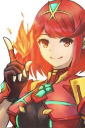 Rule 34 | 1girl, black gloves, black leotard, breasts, closed mouth, commentary request, eyebrows hidden by hair, fingerless gloves, fire, gloves, hand up, headpiece, highres, large breasts, leotard, looking at viewer, pyra (xenoblade), pyrokinesis, red eyes, red hair, requta, simple background, smile, solo, upper body, white background, xenoblade chronicles (series), xenoblade chronicles 2