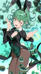 Rule 34 | 1girl, adapted costume, animal ears, black coat, black footwear, black pantyhose, bow, bowtie, breasts, cleavage, coat, coattails, curly hair, detached collar, fake animal ears, female focus, floating, full body, green bow, green bowtie, green eyes, green hair, green leotard, hairband, high heels, highleg, highleg leotard, highres, leotard, levitation, looking at viewer, matching hair/eyes, one-punch man, one eye closed, pantyhose, playboy bunny, rabbit ears, rabbit tail, short hair, small breasts, solo, standing, standing on one leg, tail, tailcoat, tatsumaki, wink, yonezawa mao