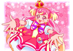Rule 34 | 1girl, :d, blonde hair, blue eyes, blush, bow, bright pupils, brooch, capelet, cowboy shot, crown, cure wonderful, dot nose, dress, dress bow, earrings, heart, heart brooch, inukai komugi, jewelry, kyanos (b 0000ff), long hair, looking at viewer, magical girl, mini crown, multicolored bow, multicolored eyes, multicolored hair, open mouth, outstretched arms, petticoat, pink background, pink capelet, pink dress, pink hair, pink theme, pink wrist cuffs, pouch, precure, puffy sleeves, purple bow, purple eyes, short dress, smile, solo, standing, star (symbol), starry background, streaked hair, striped bow, tilted headwear, two side up, wonderful precure!, wrist cuffs
