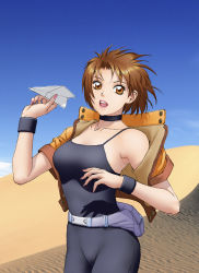 Rule 34 | 1girl, belt pouch, bodysuit, brown eyes, brown hair, choker, day, desert, fanny pack, highres, jacket, lipstick, looking at viewer, makeup, open mouth, original, paper airplane, pouch, short hair, sky, wristband, yui toshiki