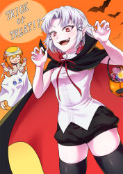 3girls :d alternate_costume bandaged_chest bandaged_head bandages bare_shoulders bat_(animal) black_cape black_choker black_shorts black_thighhighs blonde_hair blue_eyes breasts cape choker claw_pose closed_eyes commentary_request cowboy_shot drake_(nikke) ear_piercing fangs fingernails ghost_costume goddess_of_victory:_nikke hair_between_eyes hair_ornament hairclip halloween halloween_bucket halloween_costume hands_up laplace_(nikke) large_breasts looking_at_viewer matis_(nikke) maxwell_(nikke) multiple_girls multiple_piercings mummy_costume naked_bandage open_mouth orange_background paid_reward_available parted_bangs piercing pointy_ears red_cape red_eyes sharp_fingernails sheet_ghost shirt short_hair short_shorts shorts sidelocks skindentation sleeveless sleeveless_shirt small_breasts smile standing teeth thighhighs trick_or_treat two-sided_cape two-sided_fabric tyou_m_neko vampire_costume white_hair white_shirt