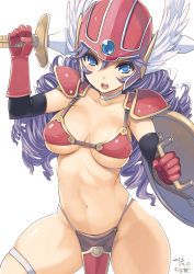 Rule 34 | 1girl, armor, bikini armor, blue eyes, breasts, cleavage, dragon quest, dragon quest iii, drill hair, elbow gloves, gloves, helmet, kiya shii, large breasts, loincloth, long hair, looking at viewer, navel, open mouth, pauldrons, purple hair, red armor, shield, shoulder armor, soldier (dq3), solo, sword, underboob, weapon, winged helmet